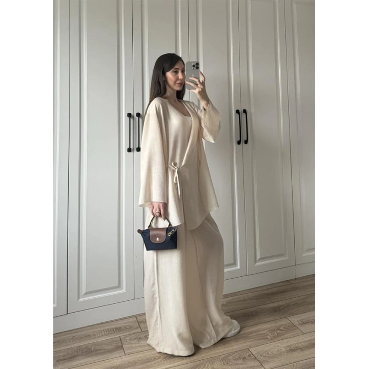 Krinkıl Yandan Bağlamalı Krem Kimono Takım