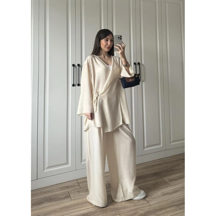 Krinkıl Yandan Bağlamalı Krem Kimono Takım