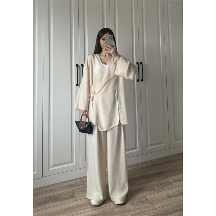 Krinkıl Yandan Bağlamalı Krem Kimono Takım