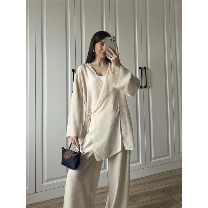 Krinkıl Yandan Bağlamalı Krem Kimono Takım