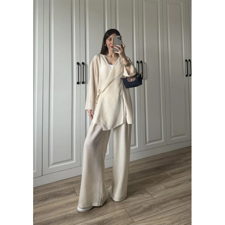 Krinkıl Yandan Bağlamalı Krem Kimono Takım