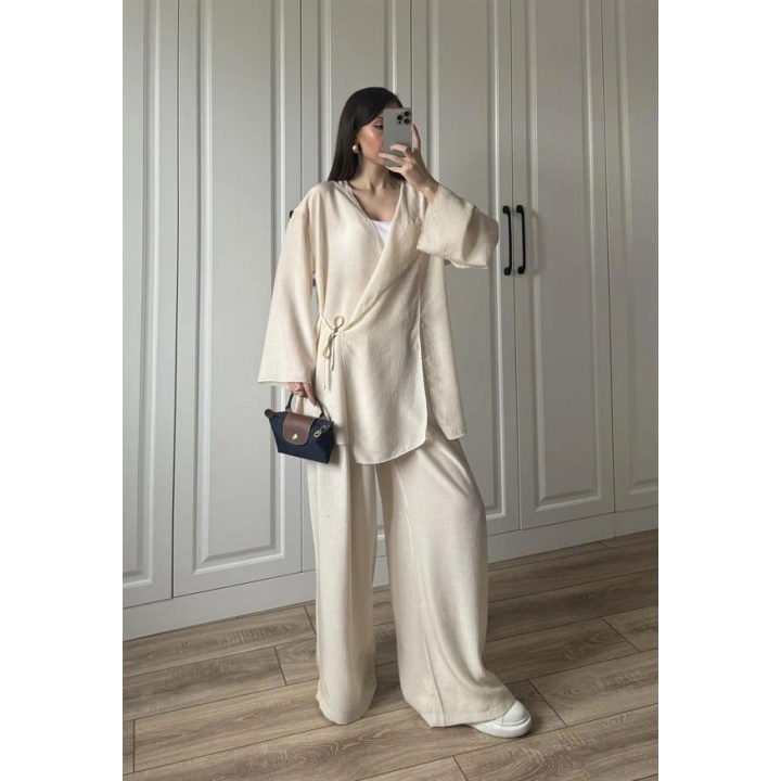 Krinkıl Yandan Bağlamalı Krem Kimono Takım