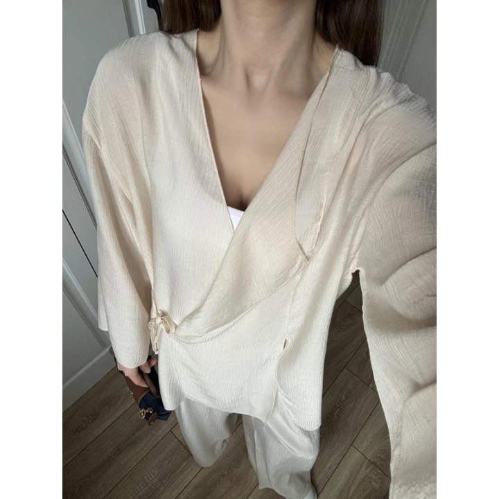 Krinkıl Yandan Bağlamalı Krem Kimono Takım