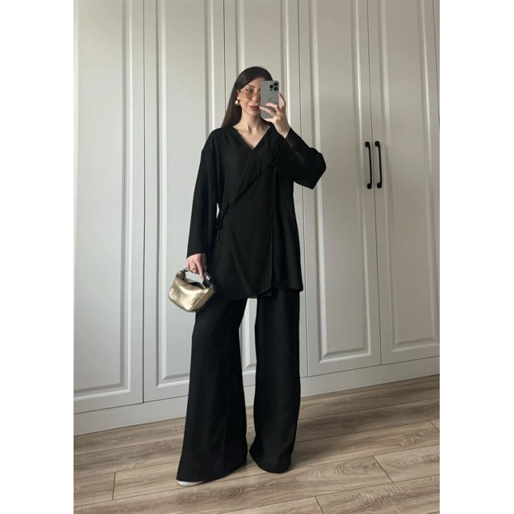 Krinkıl Yandan Bağlamalı Siyah Kimono Takım