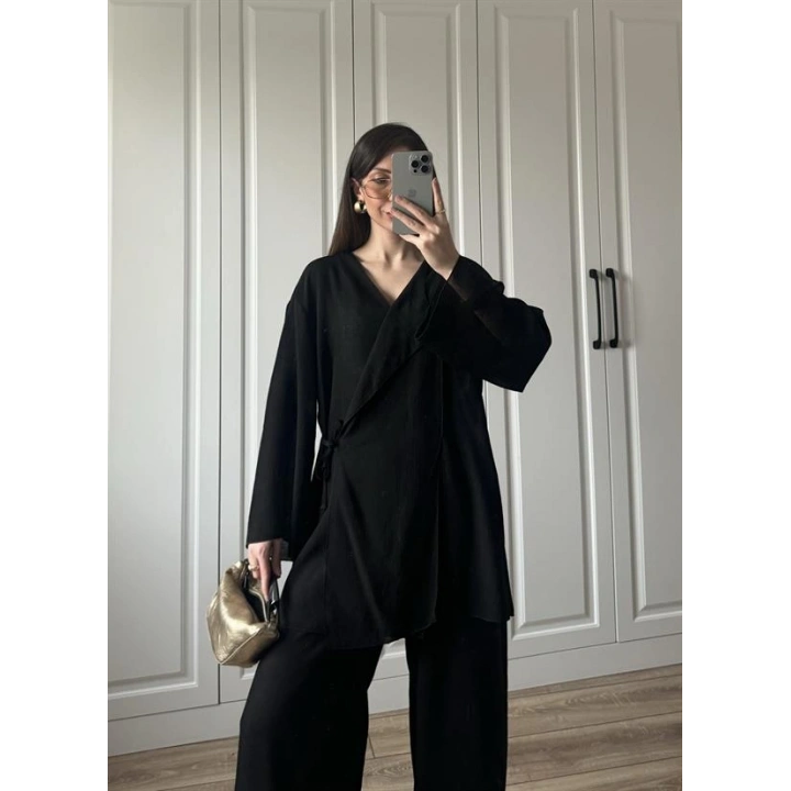 Krinkıl Yandan Bağlamalı Siyah Kimono Takım