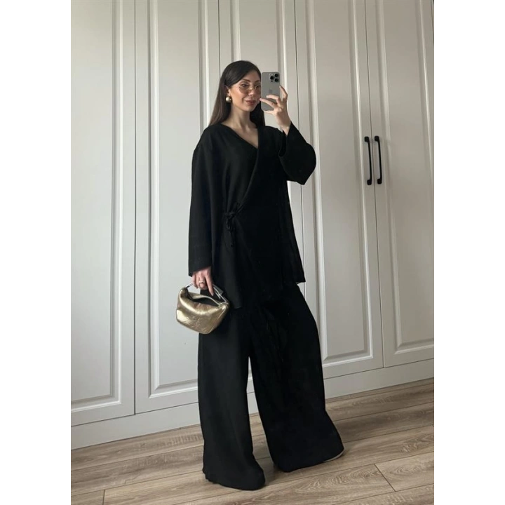 Krinkıl Yandan Bağlamalı Siyah Kimono Takım