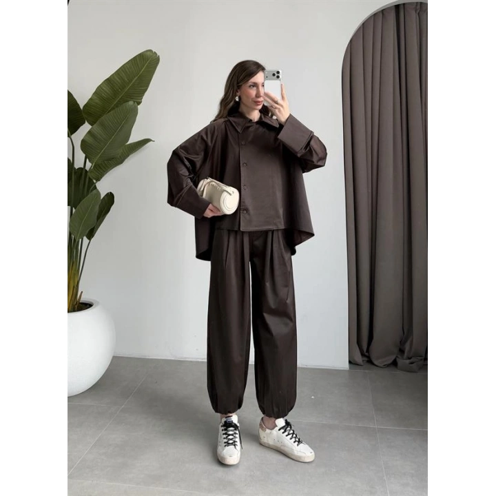 Kruvaze Pinterest Model Saten Dokulu Kahve Takım