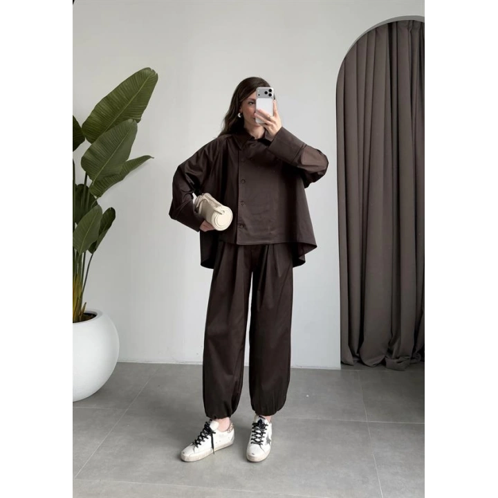 Kruvaze Pinterest Model Saten Dokulu Kahve Takım