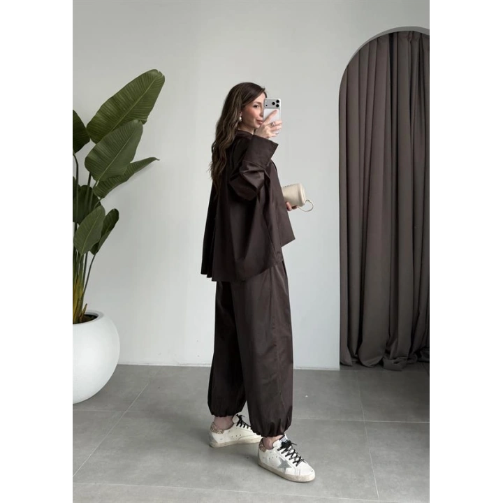 Kruvaze Pinterest Model Saten Dokulu Kahve Takım