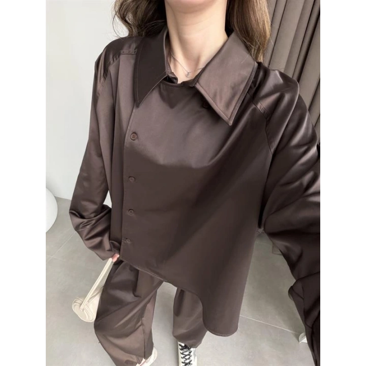 Kruvaze Pinterest Model Saten Dokulu Kahve Takım