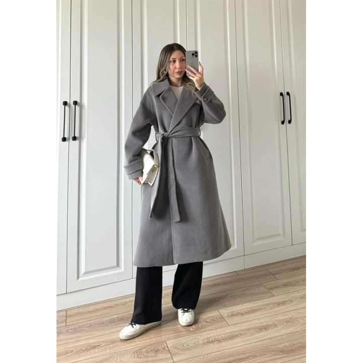 Kuşaklı Premium İthal Gri Yün Kaban