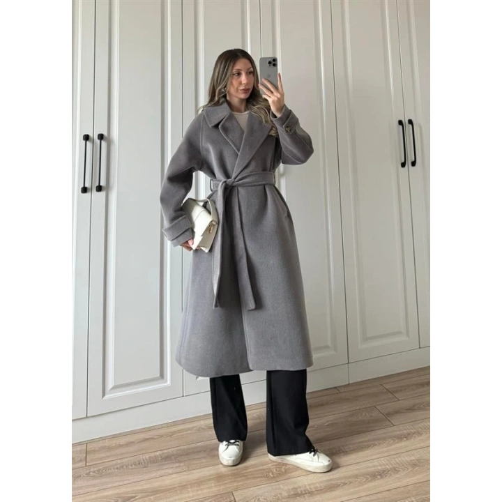 Kuşaklı Premium İthal Gri Yün Kaban