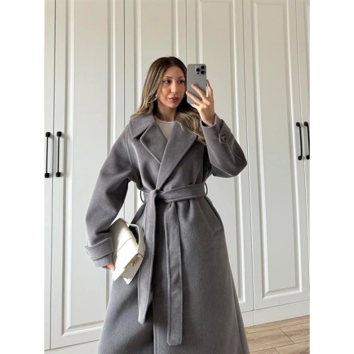 Kuşaklı Premium İthal Gri Yün Kaban