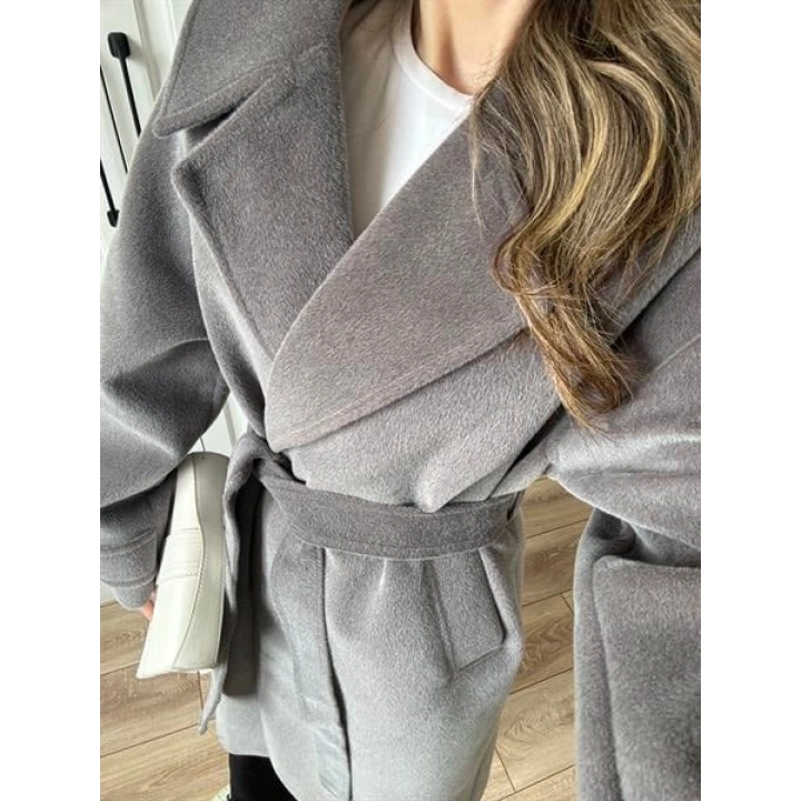 Kuşaklı Premium İthal Gri Yün Kaban