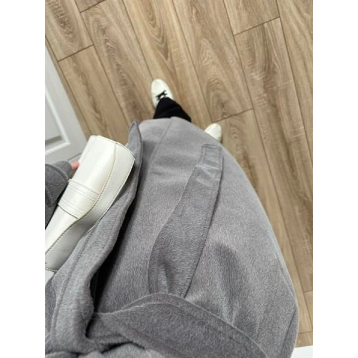 Kuşaklı Premium İthal Gri Yün Kaban