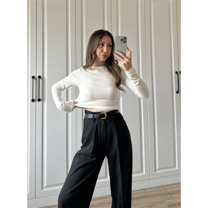 Likralı Uzun Kol Beyaz Body