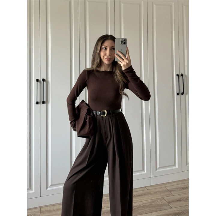 Likralı Uzun Kol Kahve Body