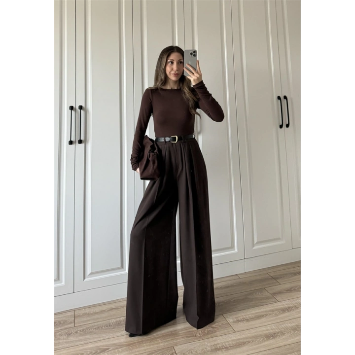 Likralı Uzun Kol Kahve Body