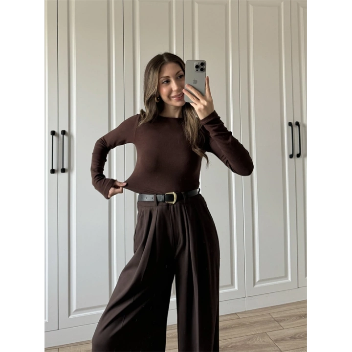 Likralı Uzun Kol Kahve Body