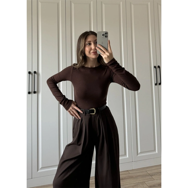 Likralı Uzun Kol Kahve Body
