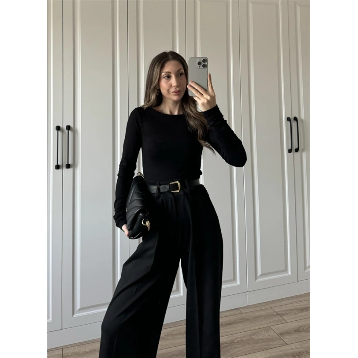 Likralı Uzun Kol Siyah Body