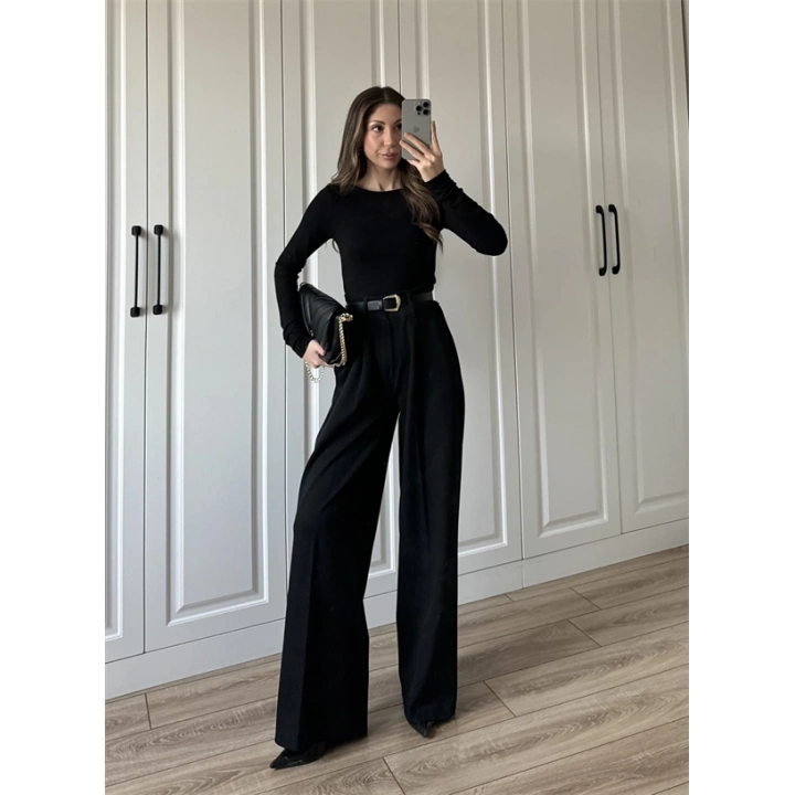 Likralı Uzun Kol Siyah Body