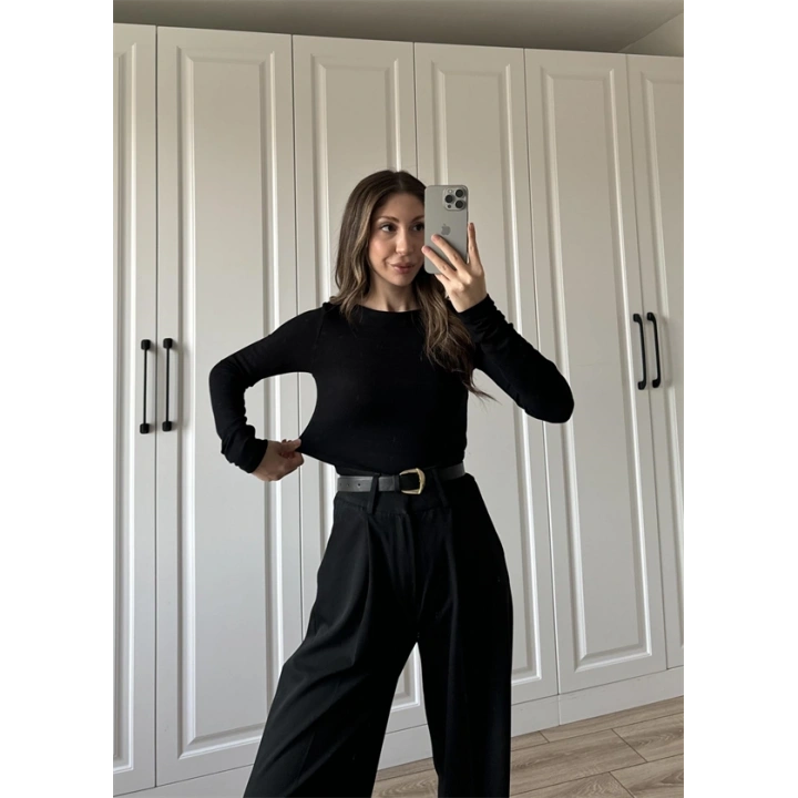 Likralı Uzun Kol Siyah Body