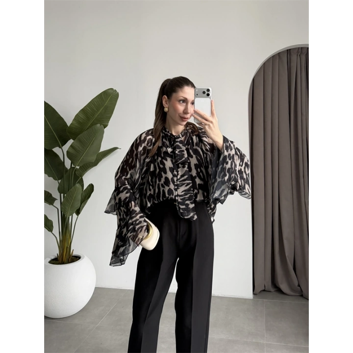 Lily Siyah Desenli Tül Bluz