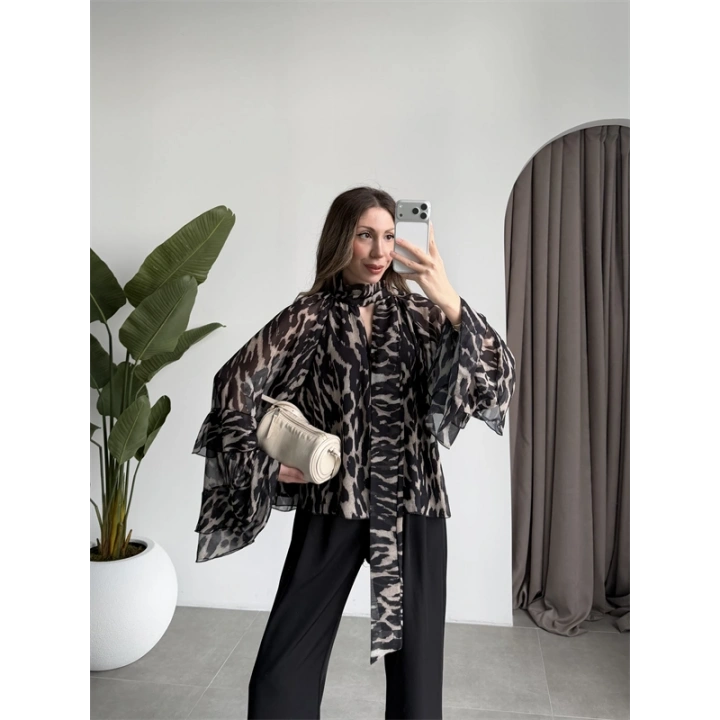 Lily Siyah Desenli Tül Bluz