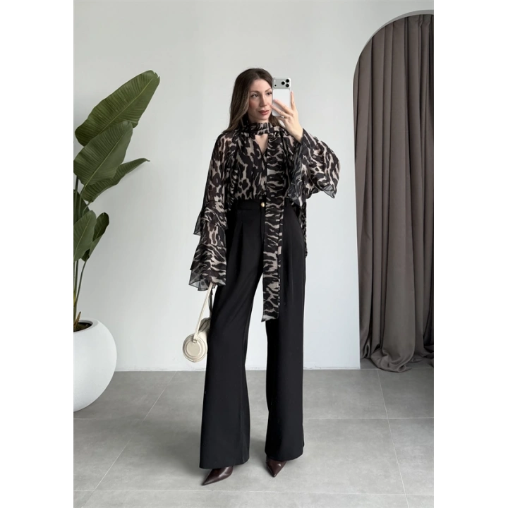Lily Siyah Desenli Tül Bluz