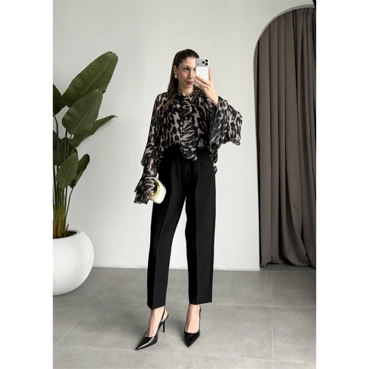 Lily Siyah Desenli Tül Bluz