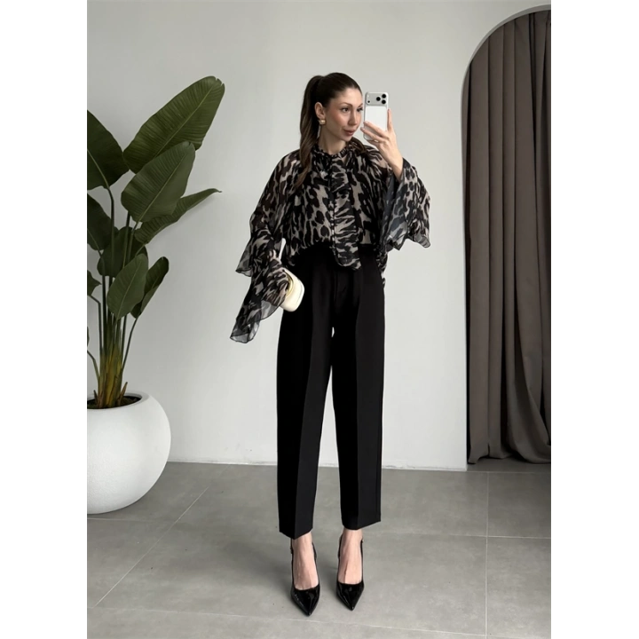 Lily Siyah Desenli Tül Bluz