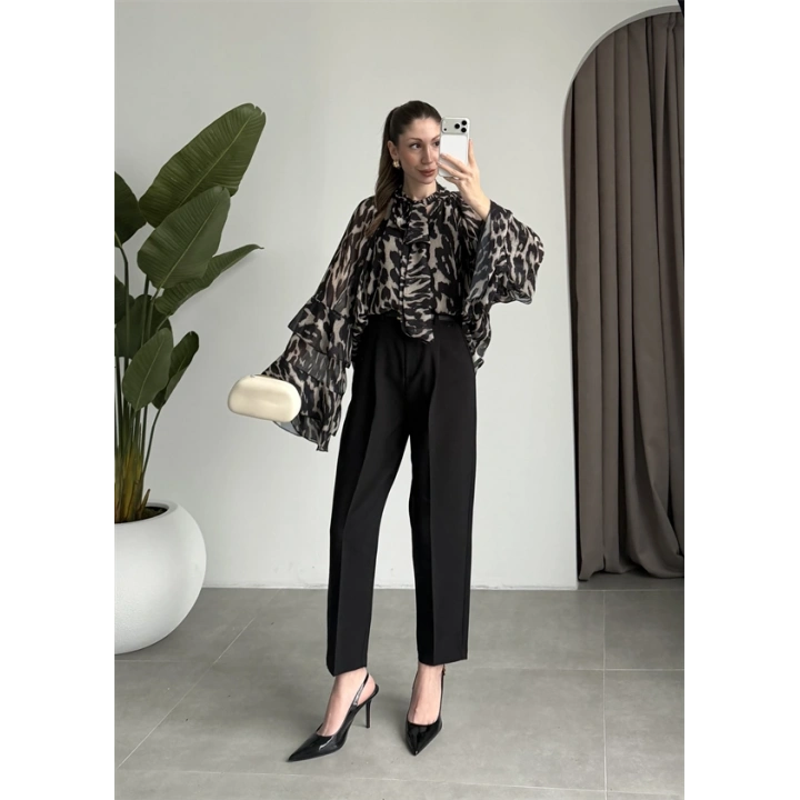 Lily Siyah Desenli Tül Bluz
