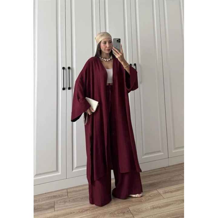 Maxi Uzun Bordo Gofre Kimono Takım