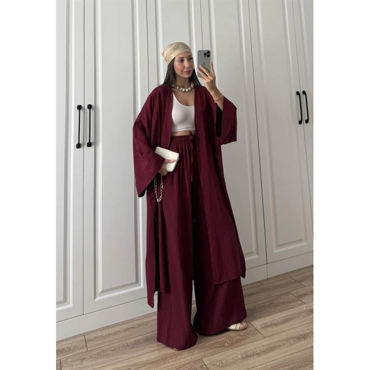 Maxi Uzun Bordo Gofre Kimono Takım