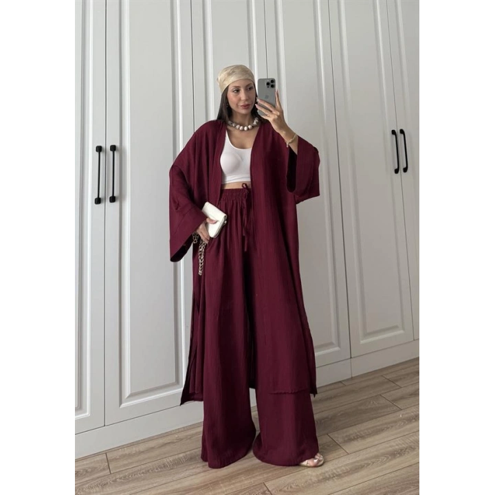 Maxi Uzun Bordo Gofre Kimono Takım