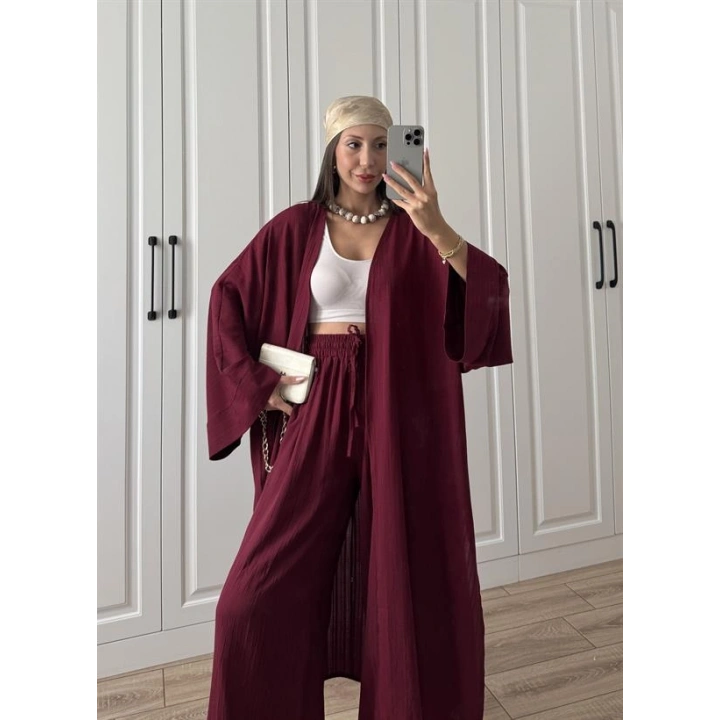 Maxi Uzun Bordo Gofre Kimono Takım