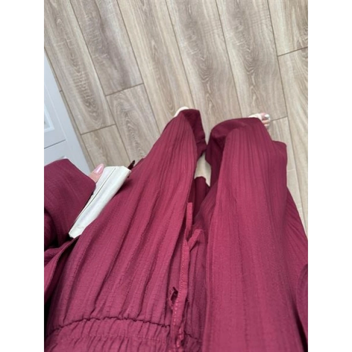 Maxi Uzun Bordo Gofre Kimono Takım