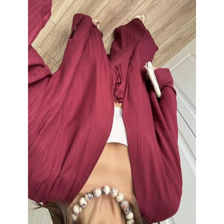 Maxi Uzun Bordo Gofre Kimono Takım