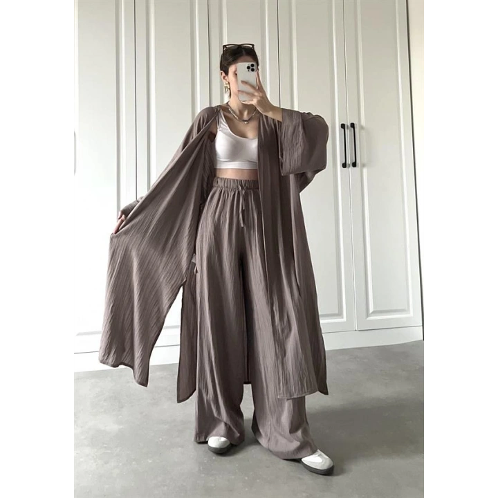 Maxi Uzun Devedikeni Gofre Kimono Takım