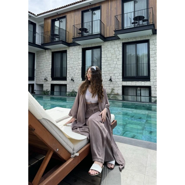 Maxi Uzun Devedikeni Gofre Kimono Takım