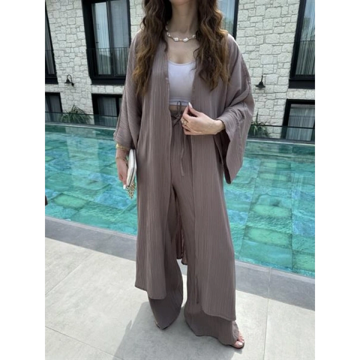 Maxi Uzun Devedikeni Gofre Kimono Takım