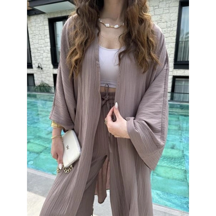 Maxi Uzun Devedikeni Gofre Kimono Takım