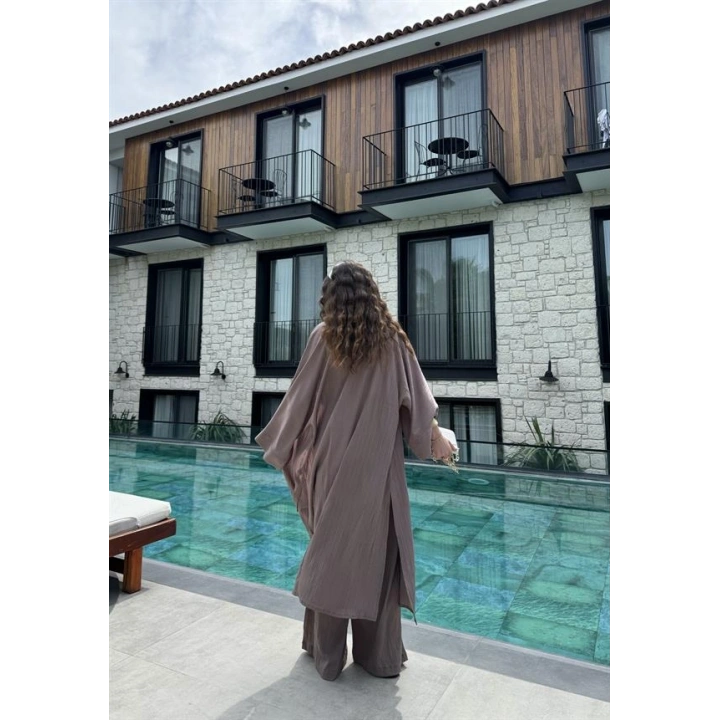 Maxi Uzun Devedikeni Gofre Kimono Takım