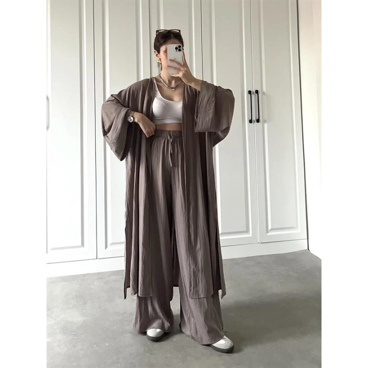 Maxi Uzun Devedikeni Gofre Kimono Takım