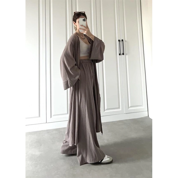 Maxi Uzun Devedikeni Gofre Kimono Takım
