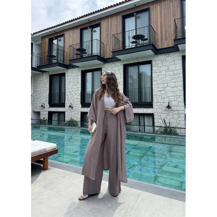 Maxi Uzun Devedikeni Gofre Kimono Takım