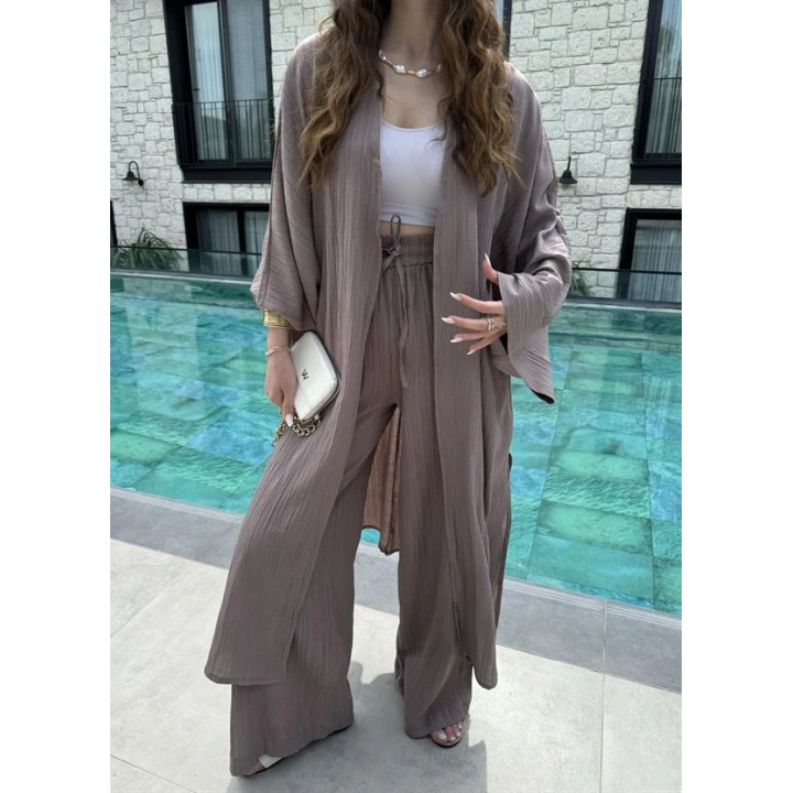 Maxi Uzun Devedikeni Gofre Kimono Takım