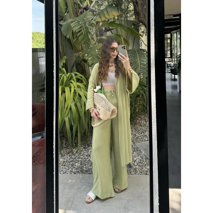 Maxi Uzun Nude Yeşili Gofre Kimono Takım