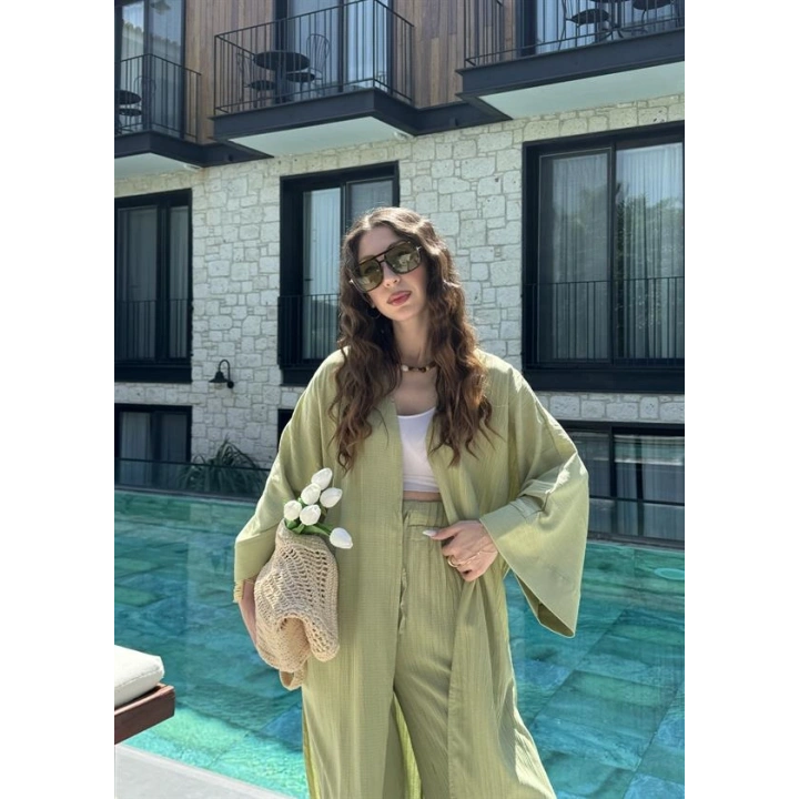 Maxi Uzun Nude Yeşili Gofre Kimono Takım